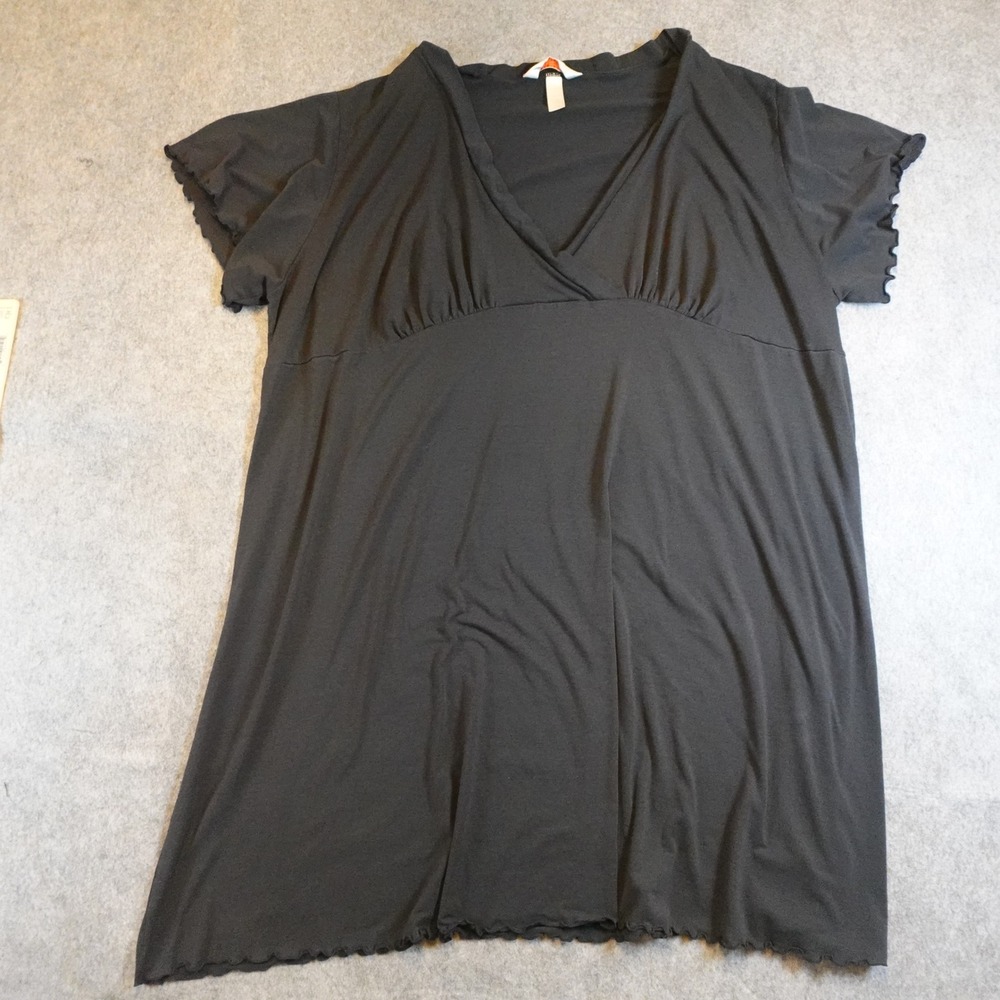 Cacique Top Women 26/28 Black VNeck Empire Waist Lettuce Edge Short Sleeve Tunic